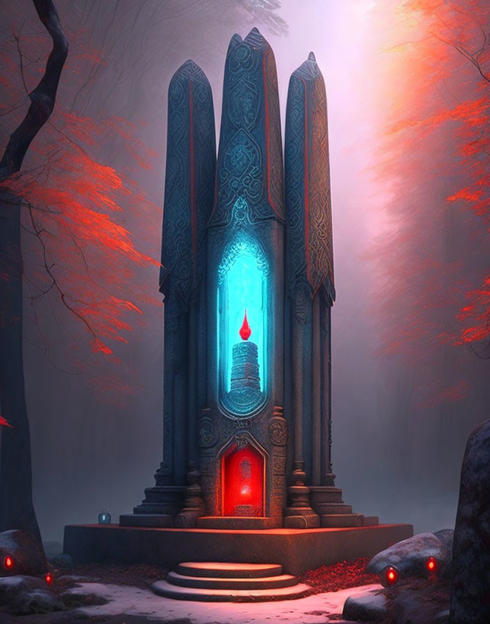 Mystical stone structure with glowing blue crystal and red flame in eerie forest