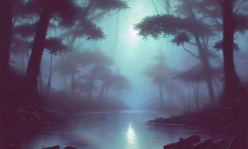 Tranquil river in misty forest with silhouetted trees