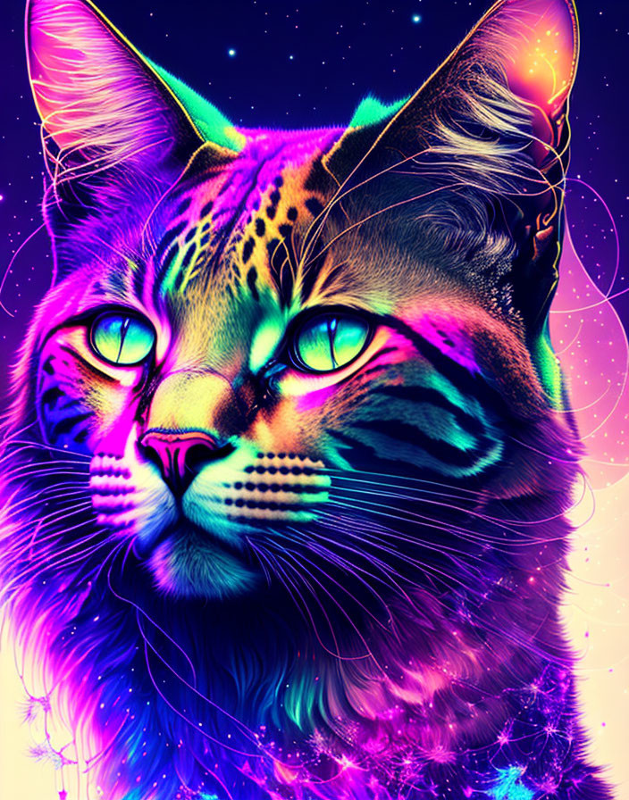 Vibrant digital artwork: Neon cat with blue, purple, and pink hues