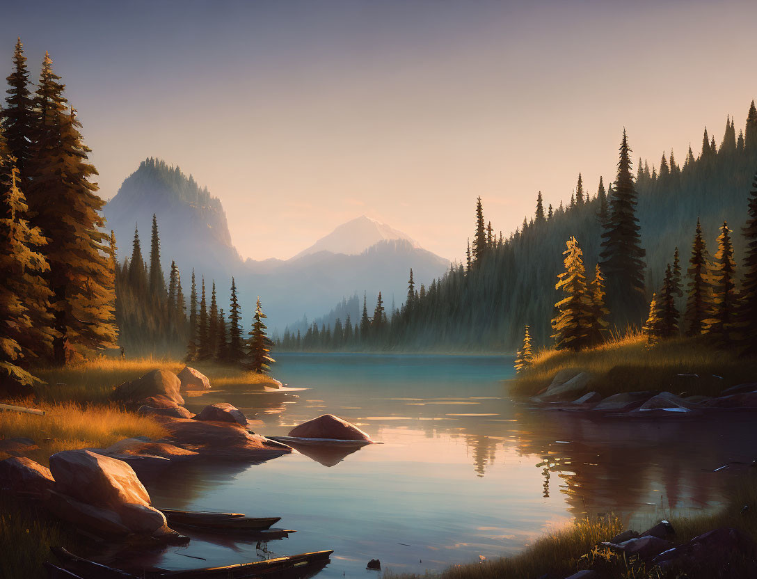 Tranquil sunrise scene of misty mountain lake with forested shores and rocky peaks reflected in calm