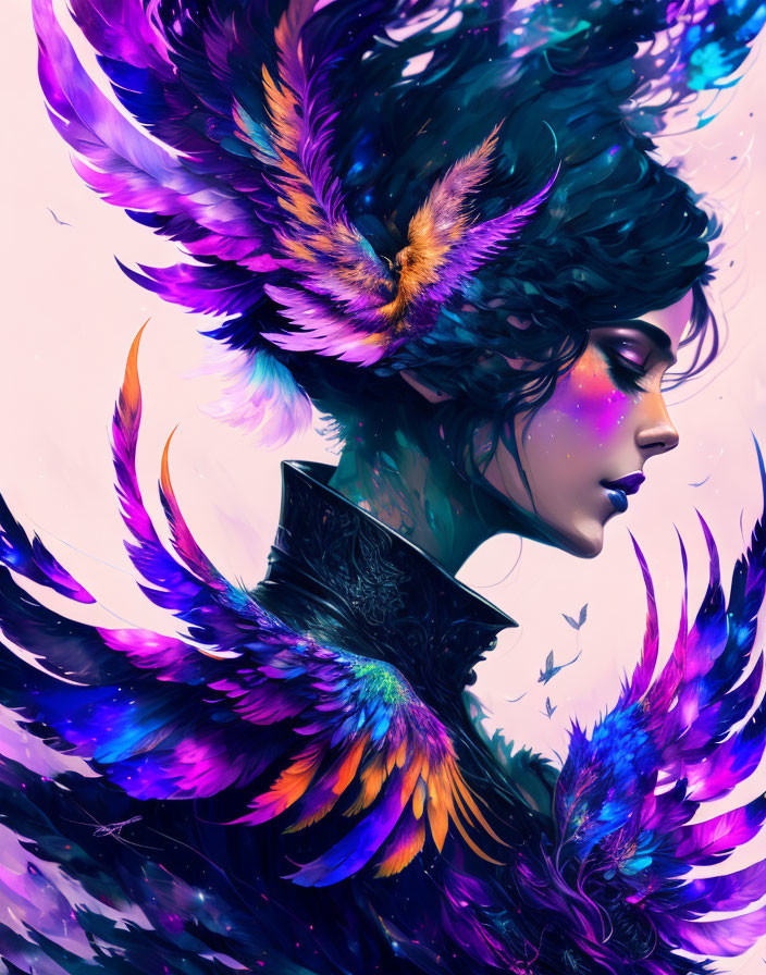 Colorful Feathers Surrounding Person in Vibrant Portrait