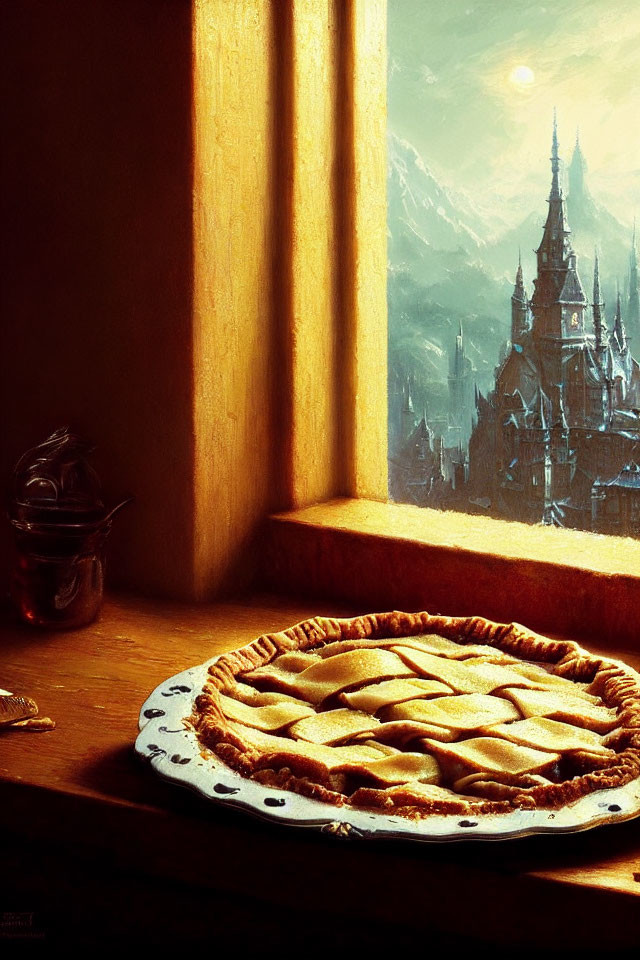 Freshly Baked Pie on Windowsill with Majestic Castle Sunset View