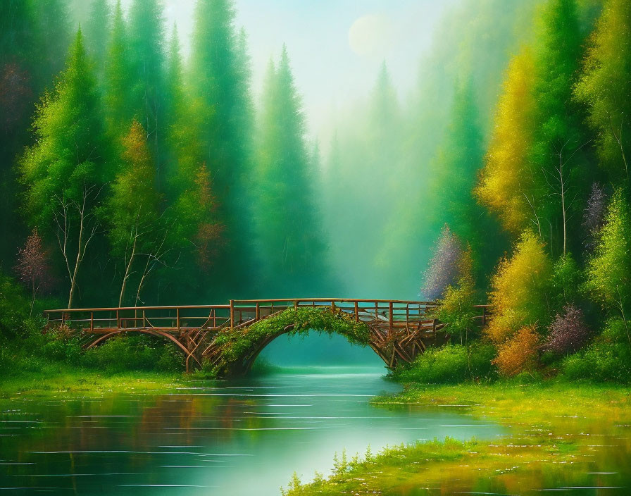 Tranquil landscape with river, wooden bridge, and lush trees