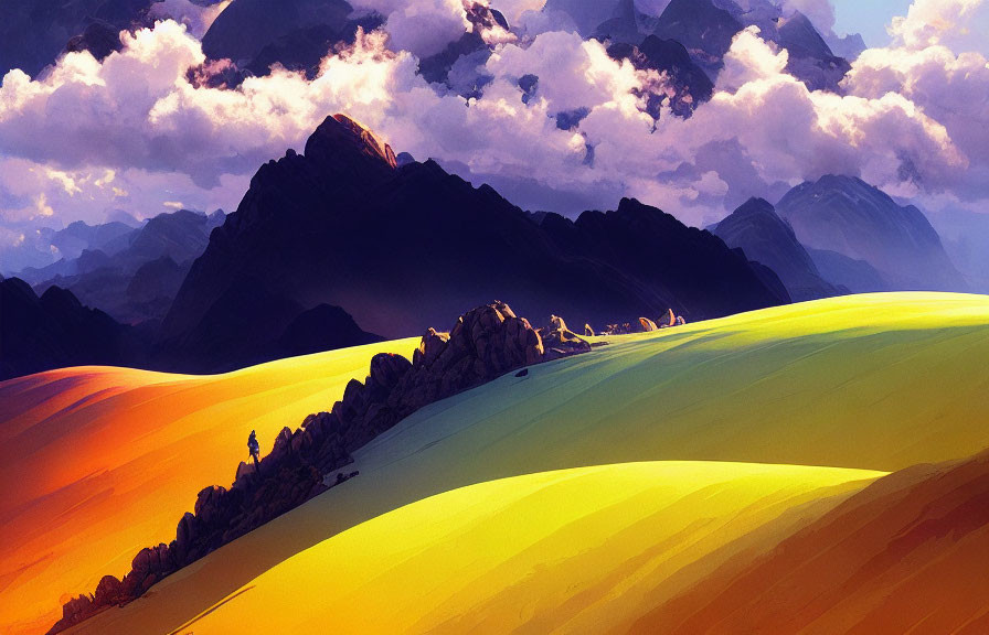 Colorful digital artwork of rolling hills under dramatic sky & mountains