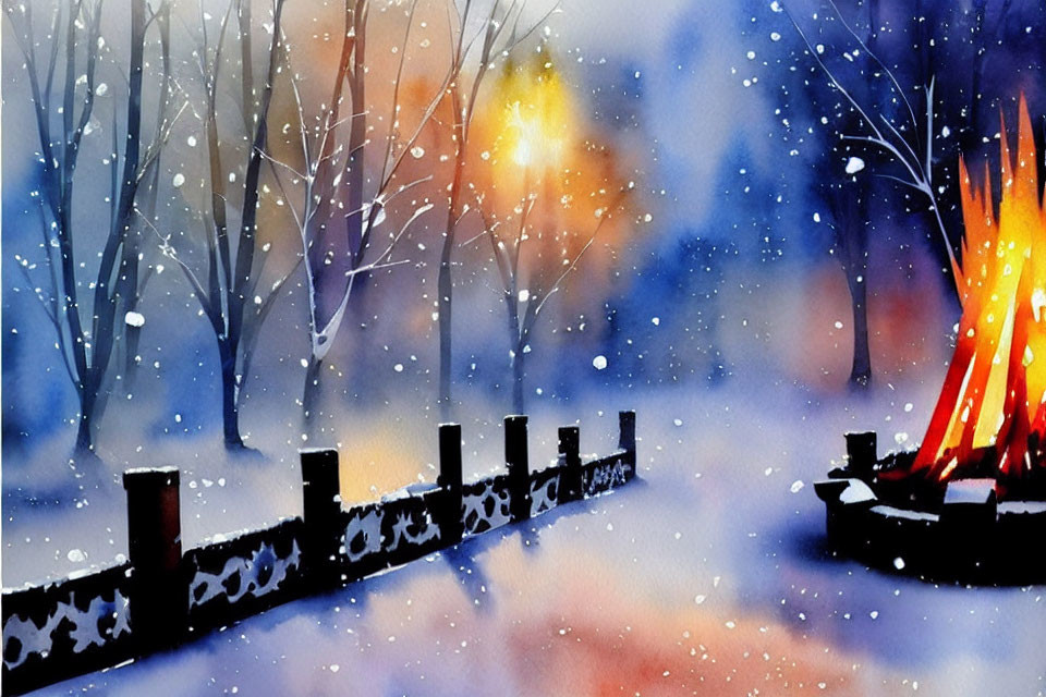 Snow-covered Landscape Watercolor Painting with Campfire and Falling Snowflakes