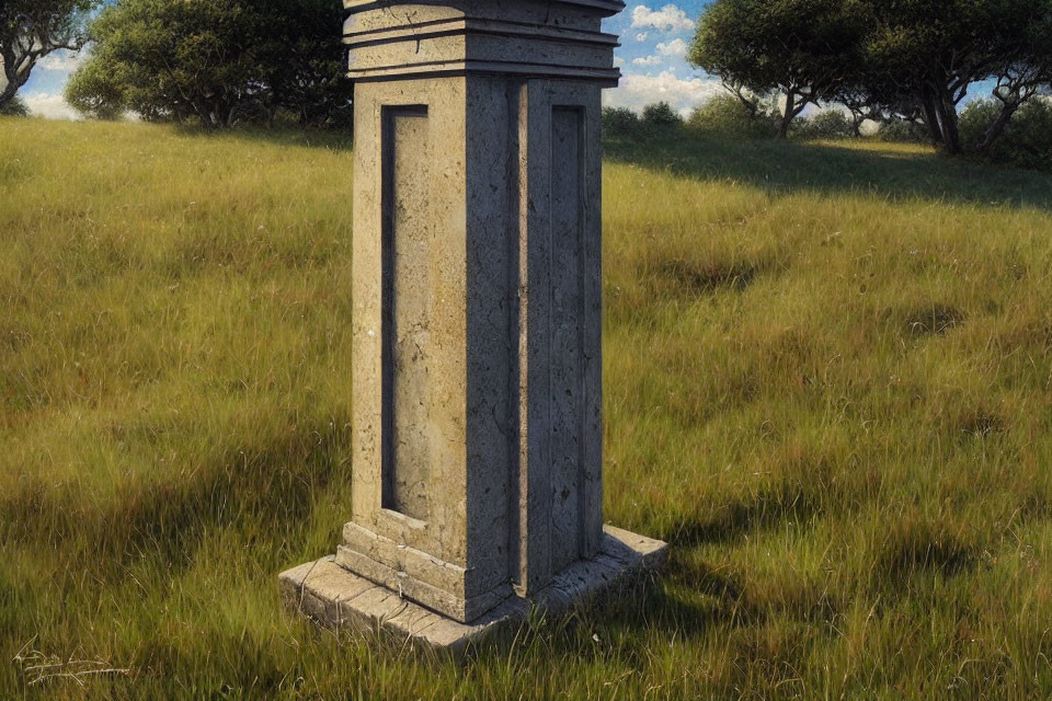 Aged Stone Pillar in Serene Field with Trees and Clear Sky