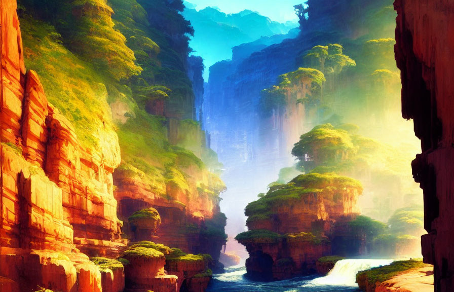 Majestic mythical landscape with canyons, greenery, waterfalls, and foggy backdrop