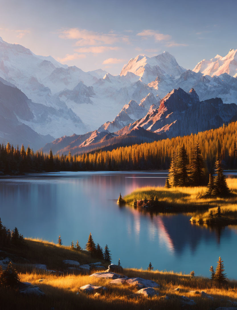 Snow-Capped Mountains Reflected in Alpine Lake at Sunrise