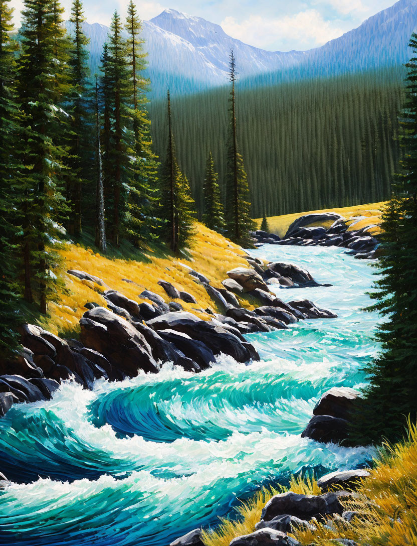 Mountain Stream Painting with Blue Waters and Pine Trees