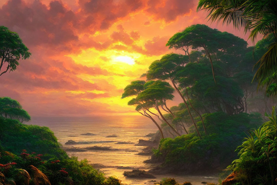 Tranquil Sunset Scene: Tropical Coastline with Vibrant Skies
