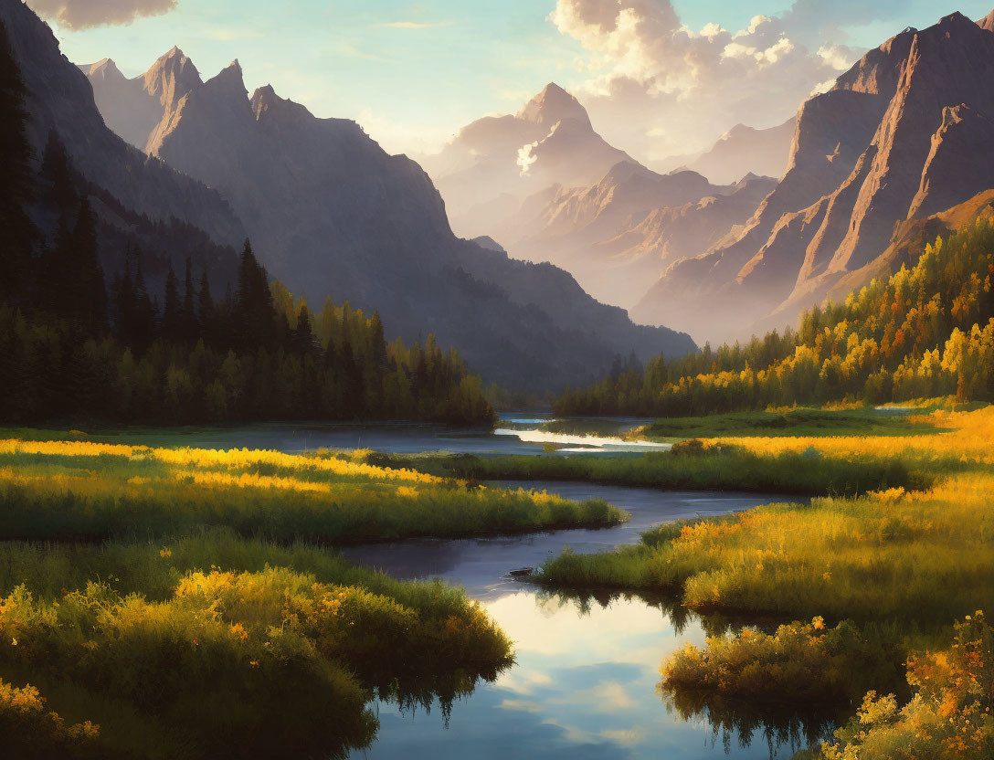 Tranquil landscape with winding river, golden grasses, and sunlit mountains