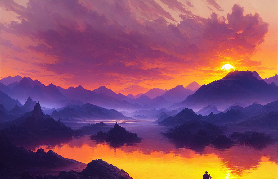 Colorful sunset over mountainous landscape with river and solitary figure