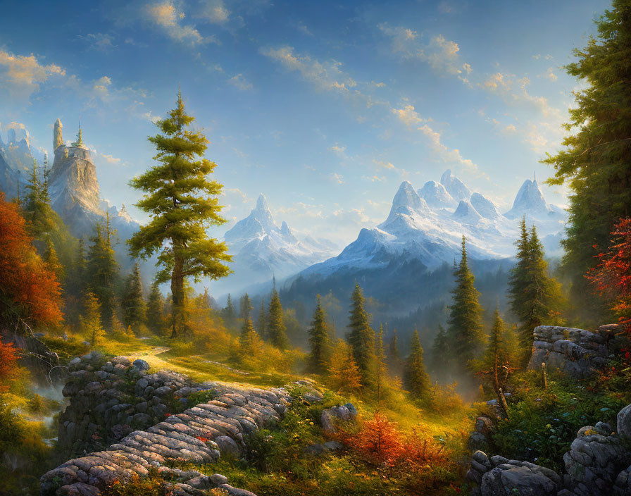 Scenic autumn forest with stone path, mountains & blue sky