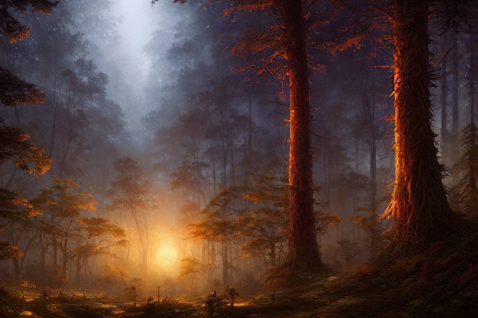 Sunbeams illuminate misty forest with towering trees