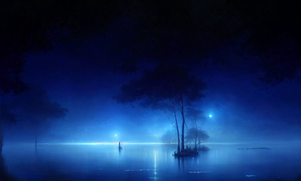 Mystical blue nightscape with person holding light on island surrounded by water