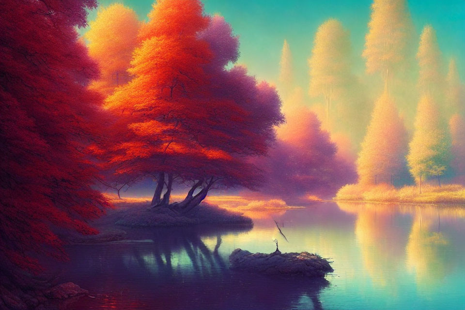 Tranquil landscape with red trees, blue lake, and misty golden forests
