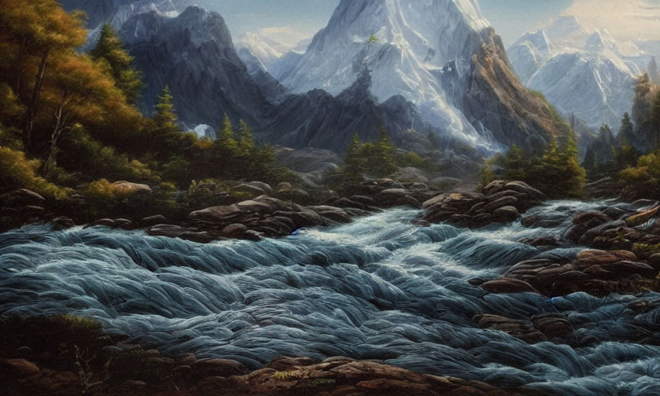 Serene mountain landscape with lush forest, rapid river, and rugged peaks