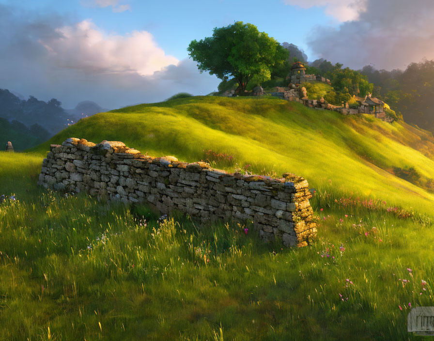 Scenic view of green hills, stone wall, and cozy homes in soft morning light