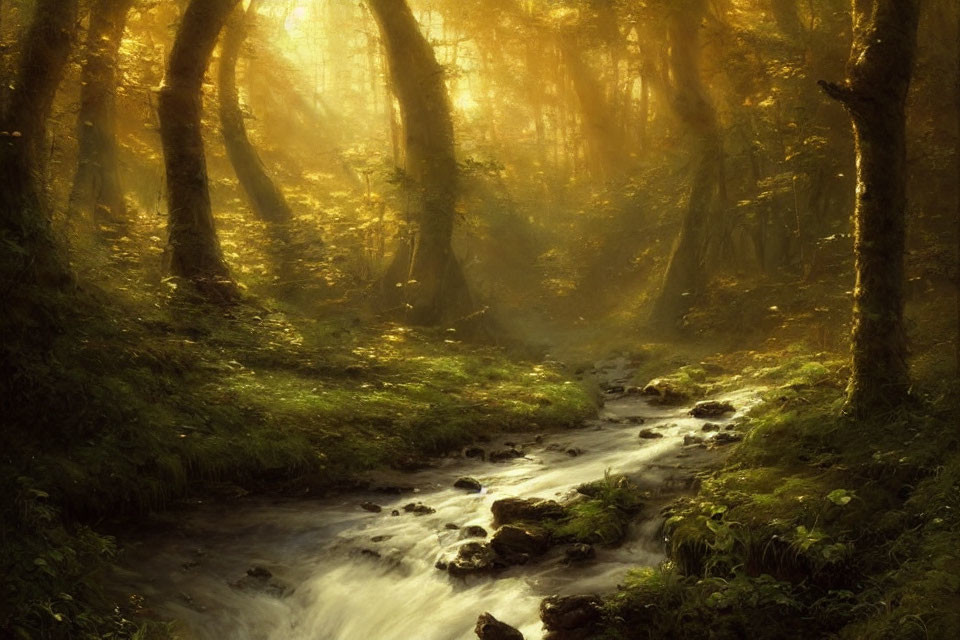 Tranquil forest scene with sunbeams, mist, trees, and stream.