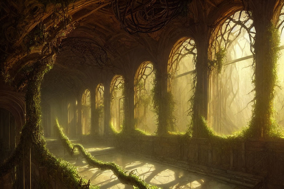 Ethereal sunlit hall with overgrown vines and trees
