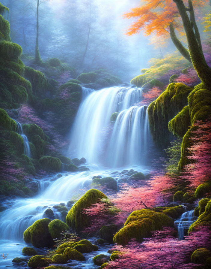 Misty forest scene with enchanted waterfall and colorful foliage