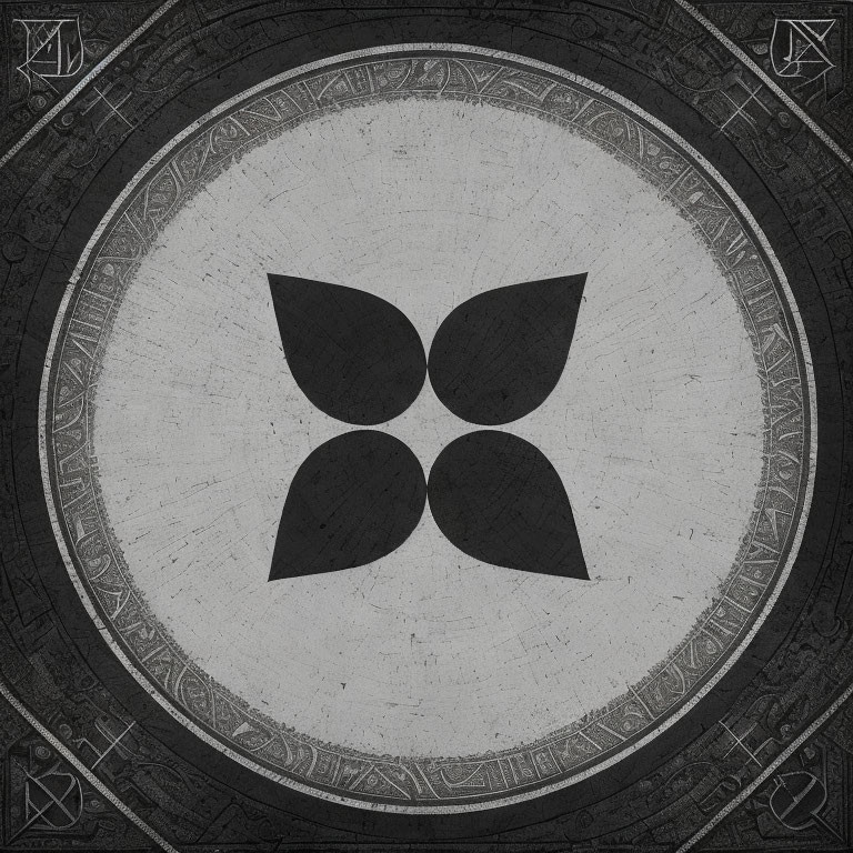 Circular black and white symbol with petal shapes on textured background and ornate patterns