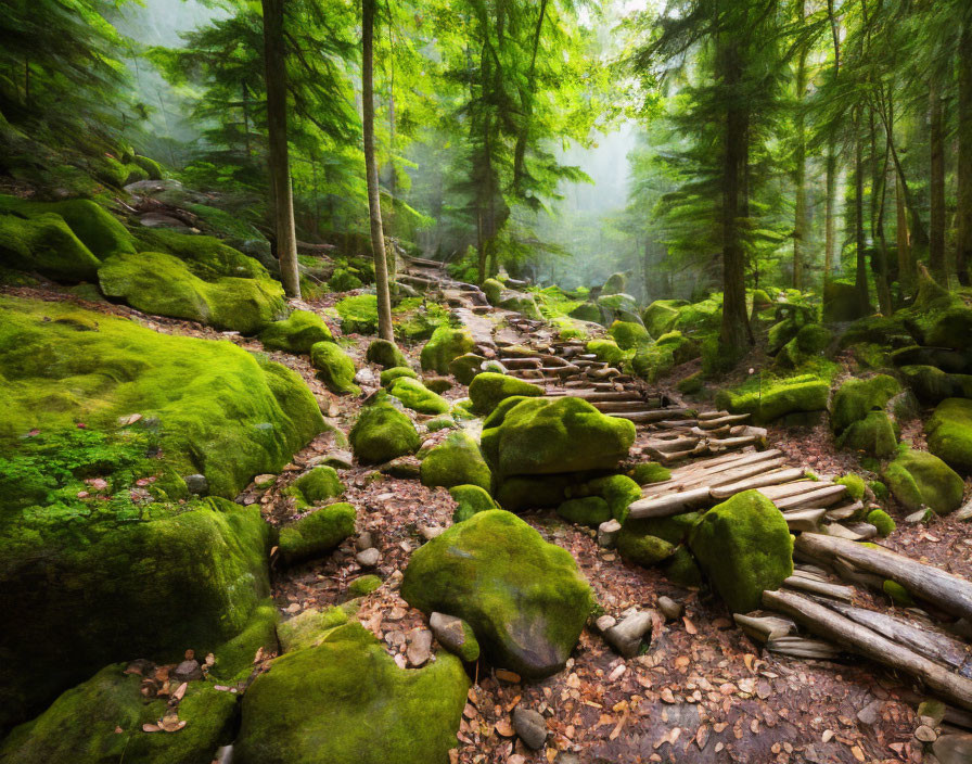 Tranquil Forest Path with Moss-Covered Stones and Green Trees
