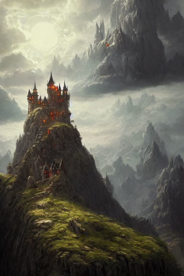 Moonlit mystical castle on steep peak with fiery torches.