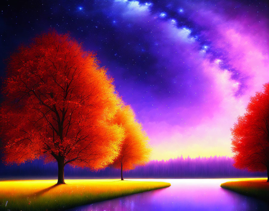 Colorful digital artwork: Starry night sky over autumn forest and river