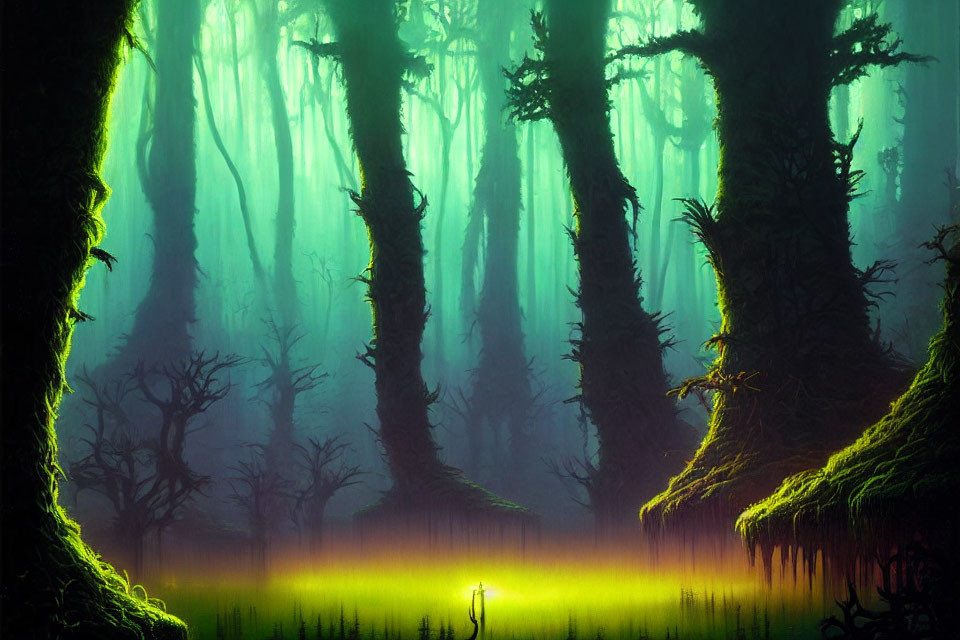 Mystical green forest with towering moss-covered trees and mysterious fog