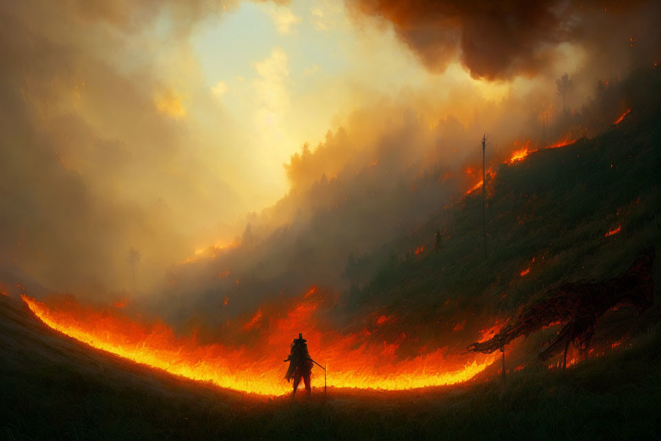 Figure Standing Before Vast Wildfire on Forested Hillside