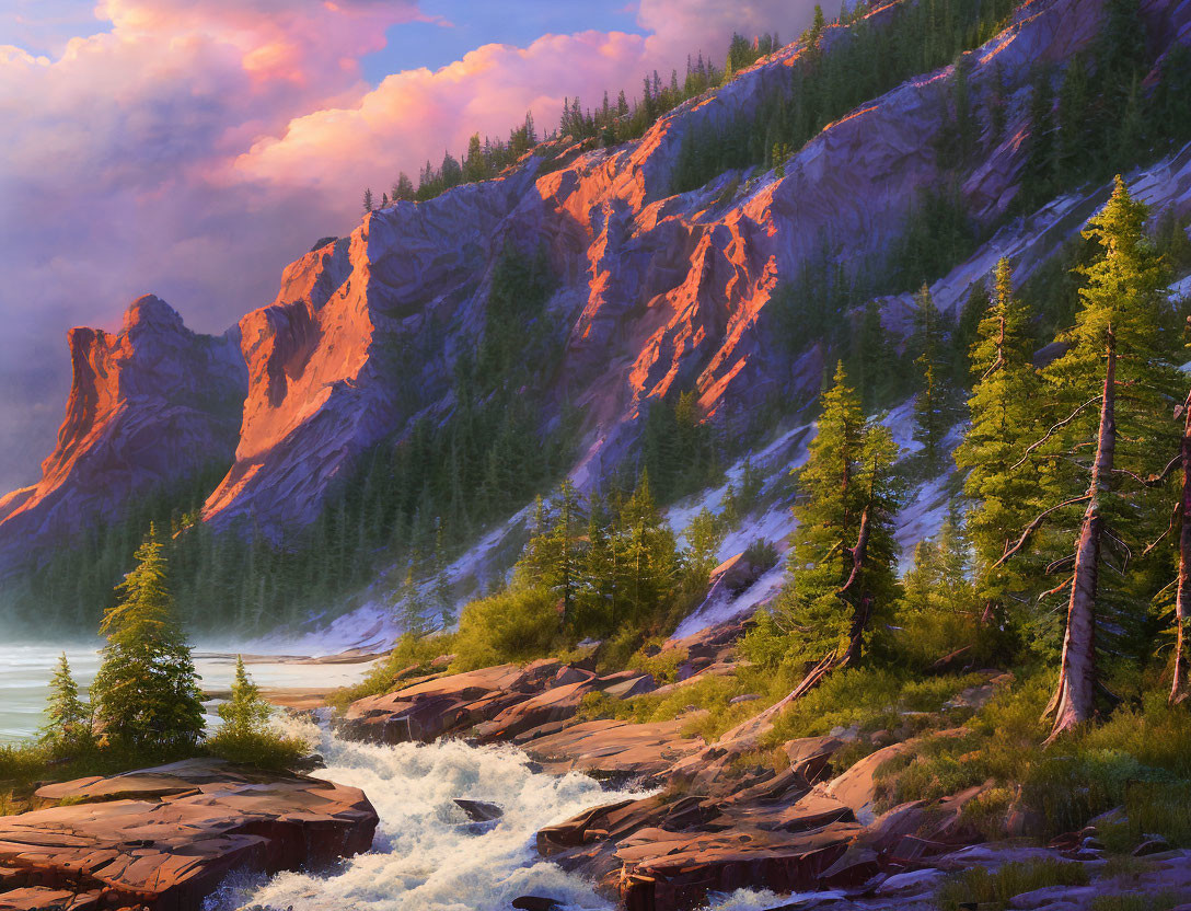 Vibrant sunset over rugged mountain, river, and pine trees