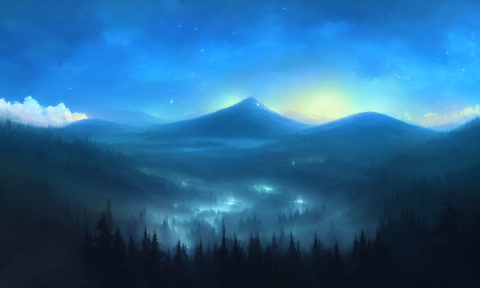Tranquil forest and mountains at dawn under starry sky