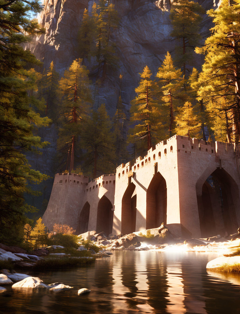 Stone bridge over tranquil river with pine trees and sunlight glow