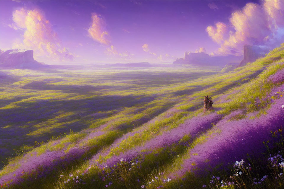 Scenic landscape with purple flowers, green field, hills, person on horse under pink sky