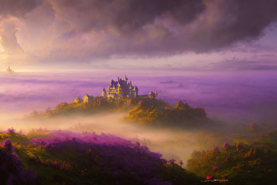 Fantasy castle on hill in purple fog at sunset with vibrant flora
