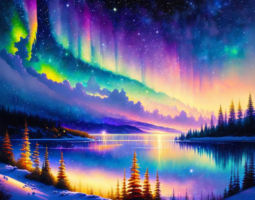 Starry sky with vibrant northern lights over serene lake