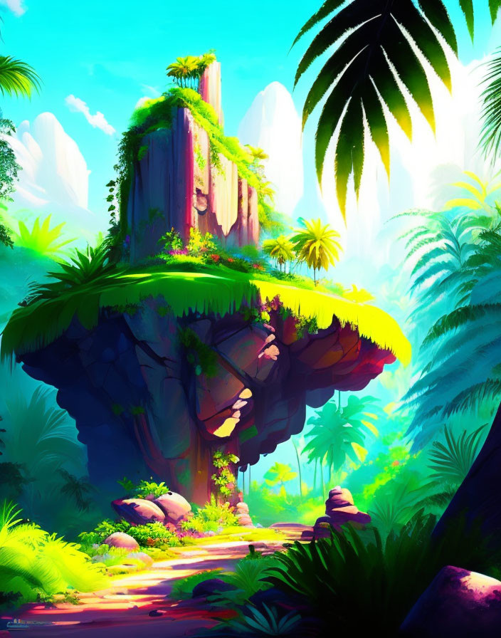 Colorful Fantastical Floating Island Surrounded by Exotic Jungle