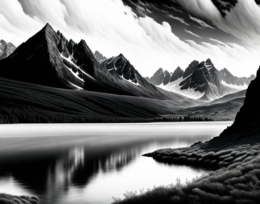Monochrome landscape: serene lake, sharp mountains, dramatic sky