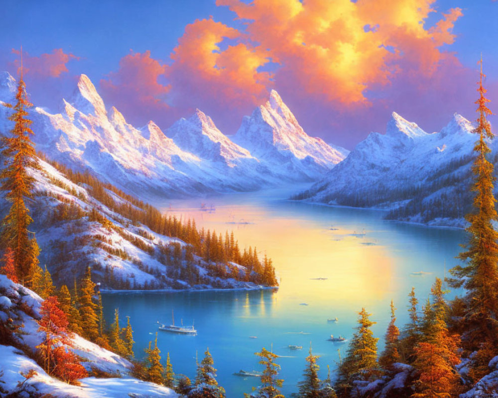 Scenic landscape painting: snowy mountains, autumn forest, sunset sky.