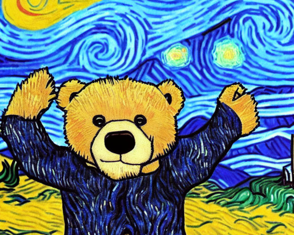 Cartoon bear on Van Gogh's Starry Night background