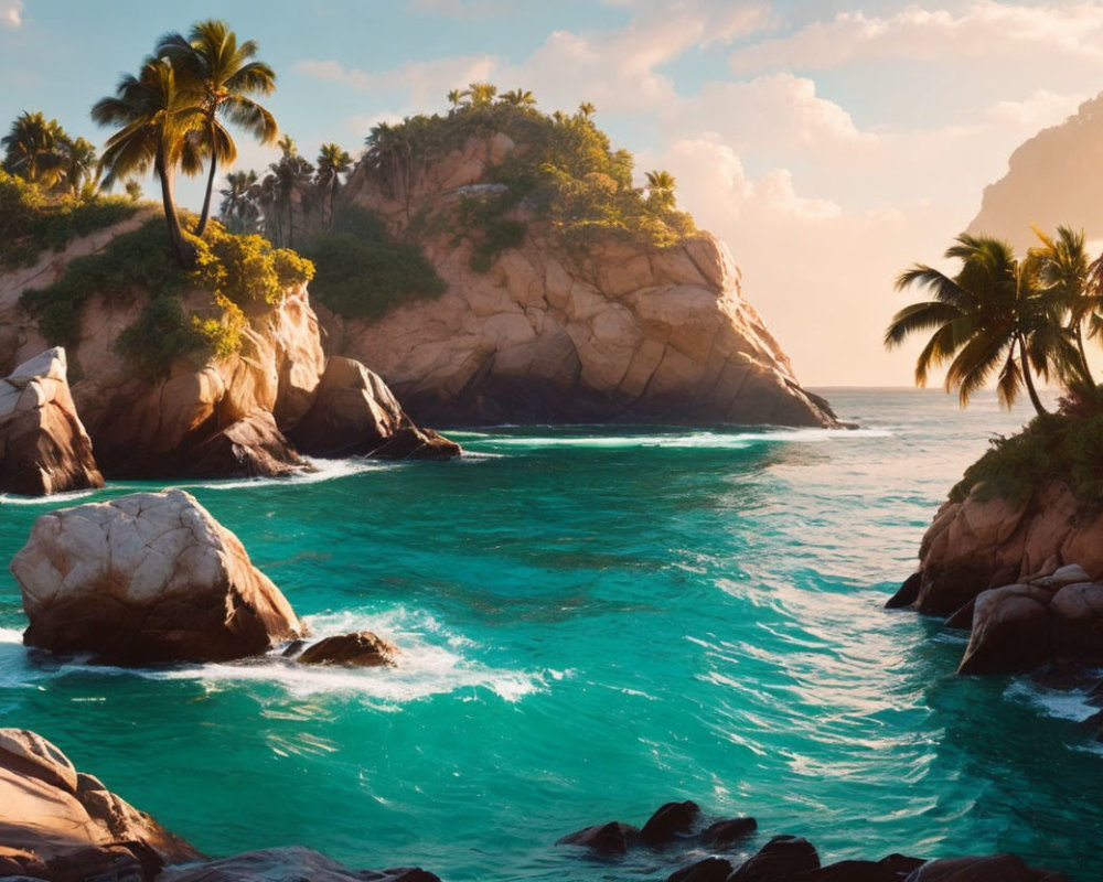Scenic tropical cove with turquoise waters and palm trees at sunrise or sunset