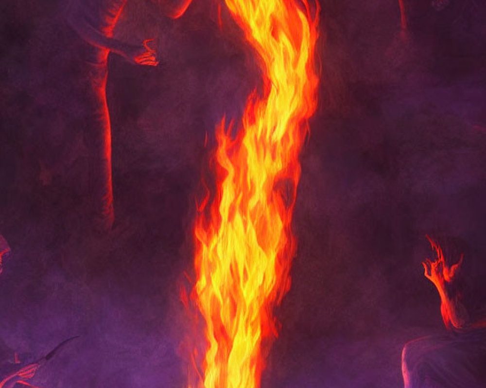 Illustration of shadowy figures around bonfire with central flame on purple background
