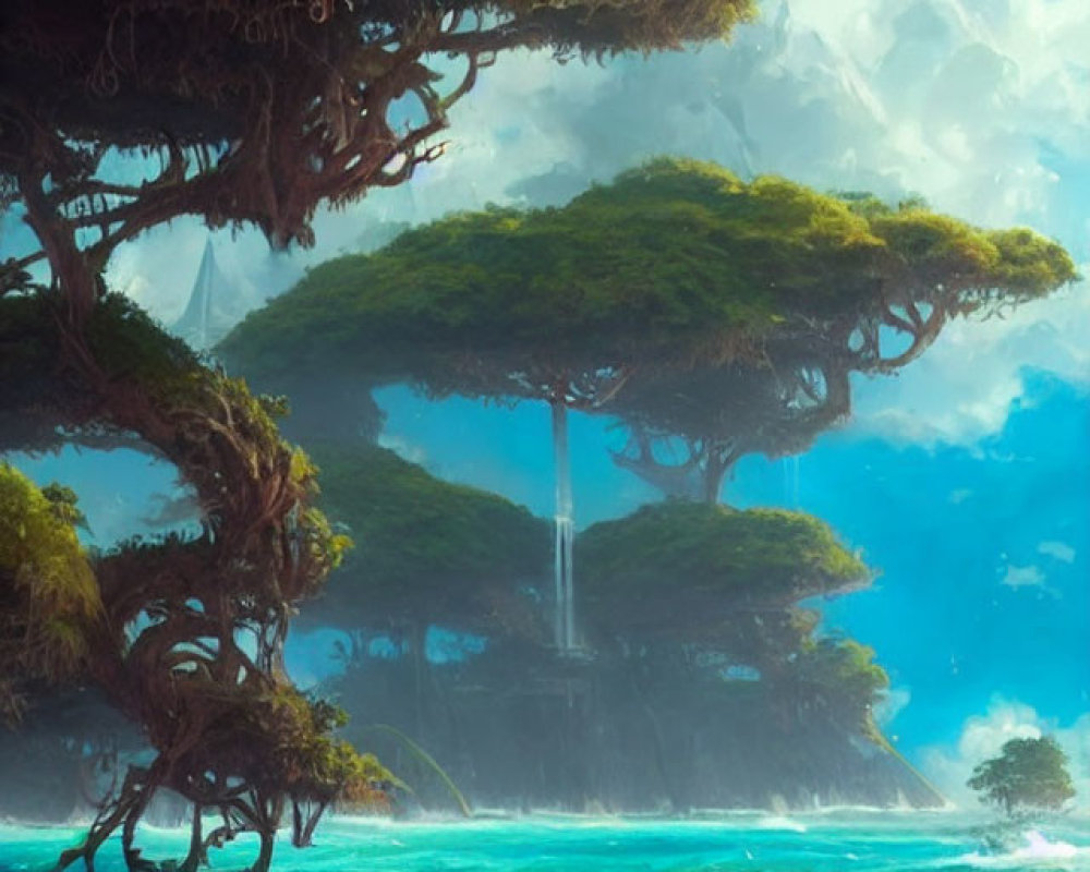 Towering trees, turquoise sea, and waterfall under bright sky