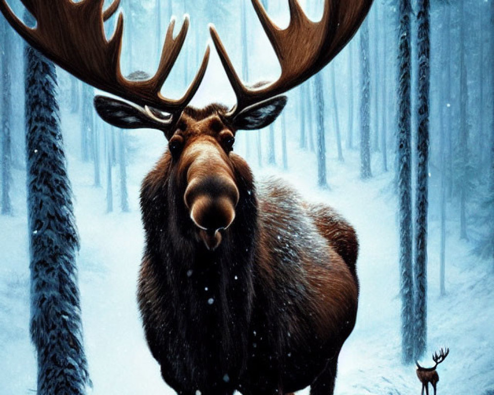 Large moose with antlers in snowy forest, tiny figure mimics stance
