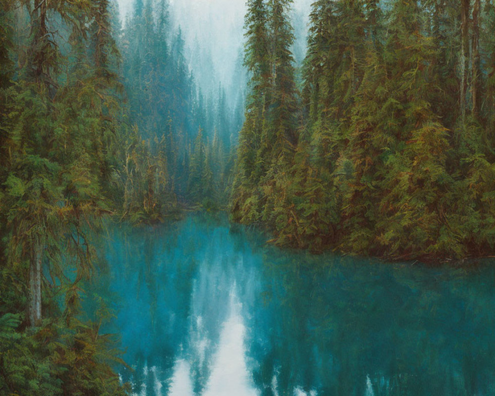 Tranquil misty forest with tall pine trees reflected in blue waters