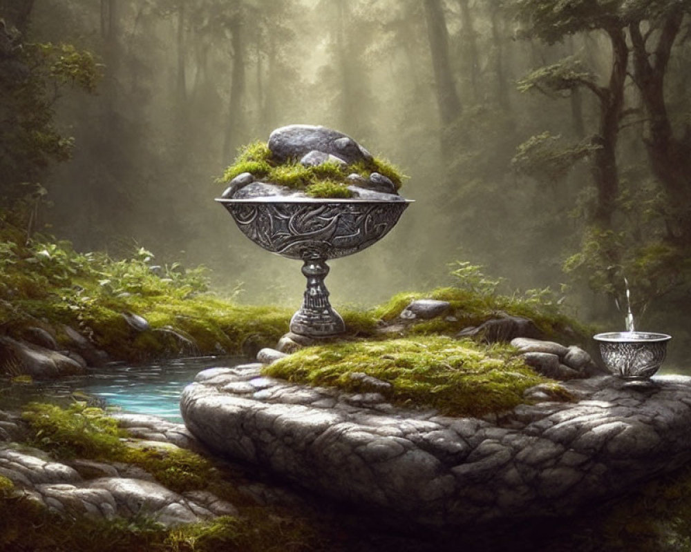 Ornate chalice overflowing with water on moss-covered rock in mystical forest