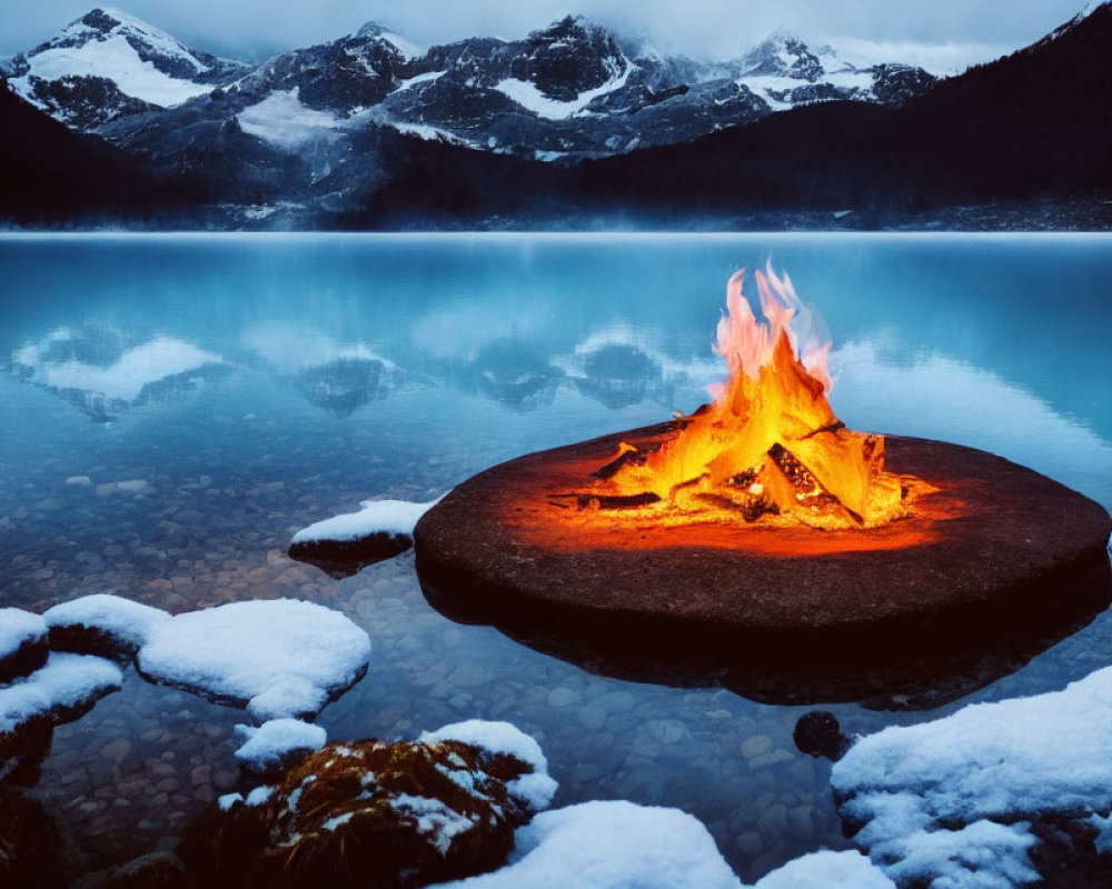 Tranquil mountain lake with campfire on stone platform