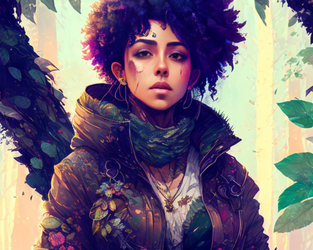 Digital artwork of woman with curly afro in purple tones, detailed attire, set in colorful forest.