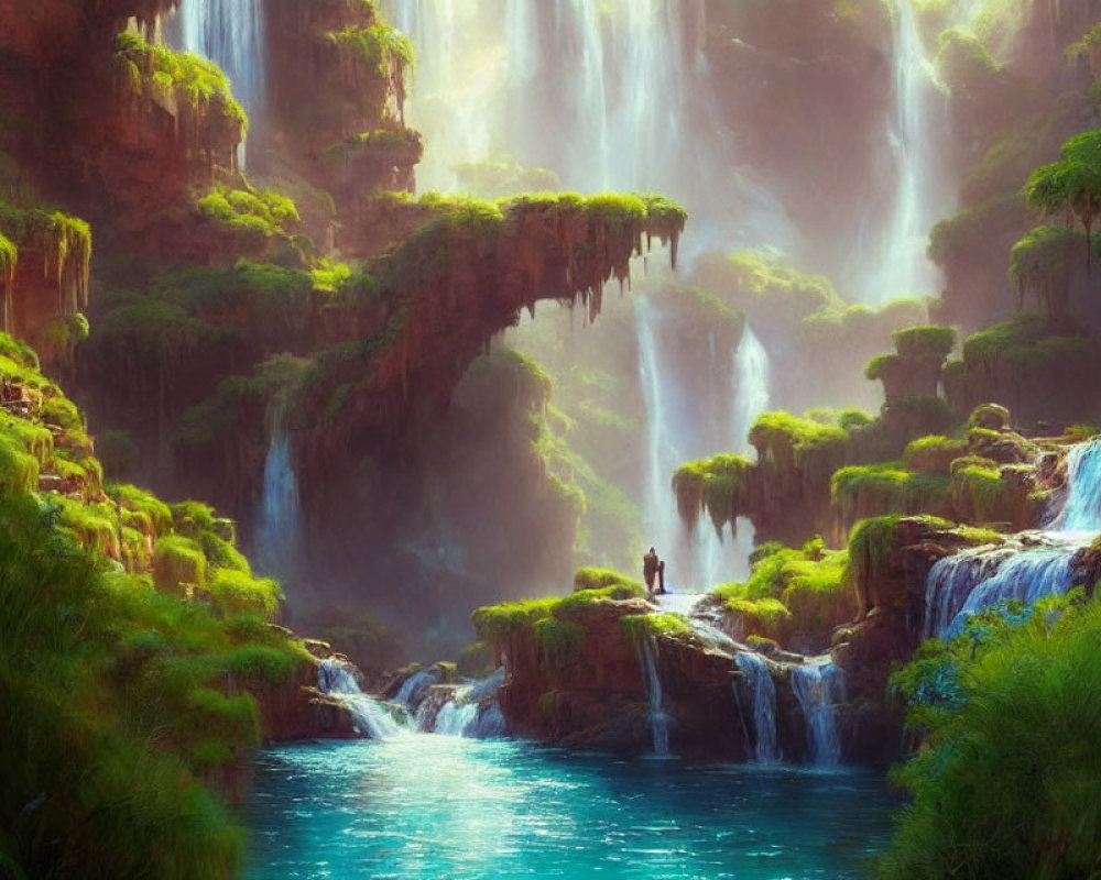 Tranquil landscape with lush greenery, waterfalls, and figure by blue pond